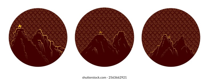 Traditional mountain illustration set with wave and cloud element icons, gold color, luxury look. Ideal for wall decor, printed materials, stationery, book covers, or digital media.