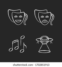 Traditional movie genres chalk white icons set on black background. Funny comedy, serious drama, musical and science fiction. Common film categories. Isolated vector chalkboard illustrations