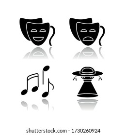 Traditional movie genres drop shadow black glyph icons set. Funny comedy, serious drama, musical and science fiction. Common film categories. Isolated vector illustrations on white space