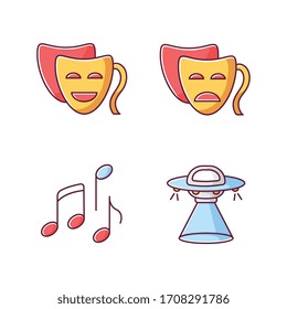 Traditional movie genres RGB color icons set. Funny comedy, serious drama, musical and science fiction. Common film categories. Isolated vector illustrations