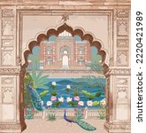 Traditional Mughal arch garden, peacock bird, landscape vector illustration pattern