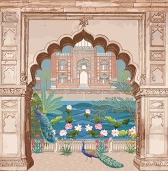 Traditional Mughal Arch Garden, Peacock Bird, Landscape Vector Illustration Pattern