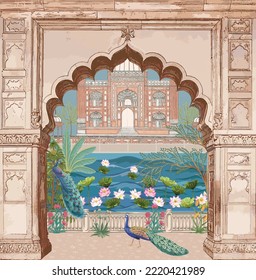 Traditional Mughal arch garden, peacock bird, landscape vector illustration pattern - Shutterstock ID 2220421989