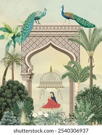 Arco Mughal tradicional com pavão, Ilustração de jardim Mughal, Casamento indiano, Fundo de aquarela.