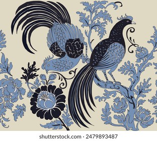 Traditional Mughal art ,bird wallpaper design,  Peacock. blossom tree With peacock .patchwork.