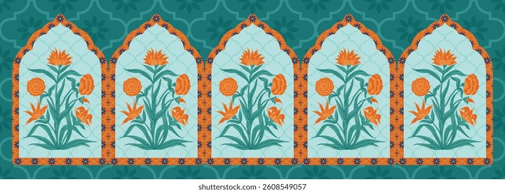 Traditional mughal arts decorative motif border seamless pattern, textile design background, great for textile, fabric, cloth, paper, wallpaper, etc vector illustration