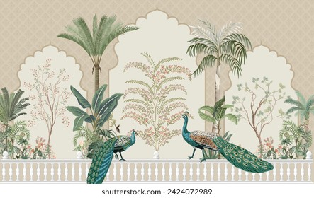 Traditional Mughal Background Design, Peacock, Tree, Seamless, Mughal Arch.