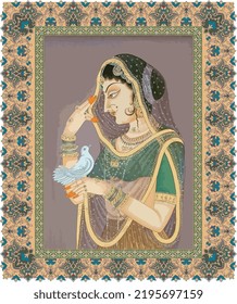 Tradicional Mughal Bani Thani Reina mujeres con un patrón de marco de representación de pájaro pichón