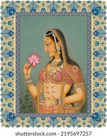 Traditional Mughal Bani Thani Queen women holding lotus vector illustration frame pattern