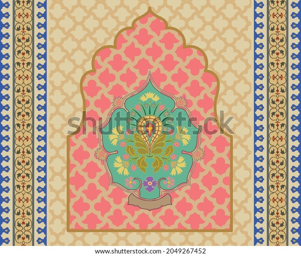 Traditional Mughal colorful decorative arch and plant illustration for wall painting. Beautiful Islamic art motif in modern theme. Vector background