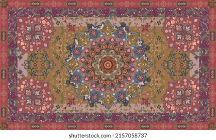 Traditional Mughal colorful decorative rugs illustration for wall painting. Beautiful Islamic art motif in modern theme. Persian carpet. Vector background