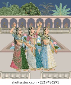 Traditional Mughal dancing queen, courtesan, lady in a garden palace vector illustration