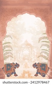 Traditional Mughal decorative arch, elephant illustration for wedding invitation