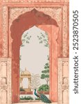 Traditional Mughal decorative arch gate, mat red color, garden illustration