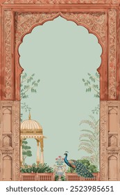 Puerta de arco decorativo tradicional de Mughal, pavo real, ilustración de jardín de palacio