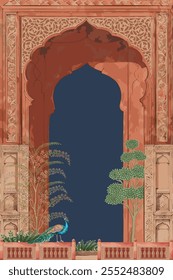 Puerta decorativa tradicional del arco de Mughal, color rojo de la estera, ilustración del jardín en la noche para la impresión