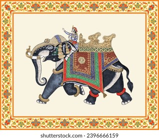 
Traditional Mughal Decorative Elephant vector illustration. Mughal elephant miniature painting.