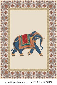 Traditional Mughal decorative elephant vector illustration frame pattern for wallpaper