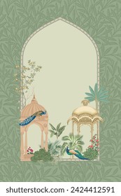 Traditional Mughal decorative garden with arch, peacock seamless pattern frame for invitation