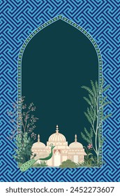 Traditional Mughal decorative garden, arch, dome peacock illustration for wedding Invitation. Mughal invitation card design.