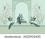 Traditional Mughal decorative wall with plants and peacock, Flowers, Mughal Arch.