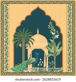 Traditional mughal decorative wedding invitation card. Mughal garden with illustration frame for wedding invitation.