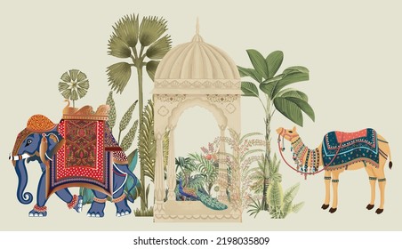 Traditional Mughal Elephant, camel caravan vector illustration