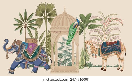 Traditional Mughal Elephant, camel caravan illustration for wallpaper