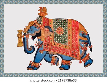 Traditional Mughal Elephant caravan vector illustration frame pattern for wallpaper