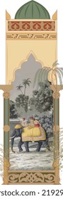 Traditional Mughal Elephant ride, caravan, arch illustration landscape design for wallpaper