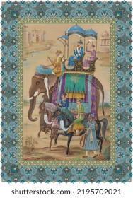 Traditional Mughal emperor riding Elephant, horse caravan vector illustration frame pattern for wallpaper