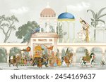 Traditional Mughal emperor riding horse in a garden arch wallpaper illustration. India Miniature Painting Rajasthan, Udaipur illustration. Mughal mural art wallpaper.