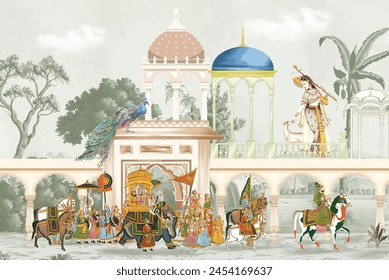 Traditional Mughal emperor riding horse in a garden arch wallpaper illustration. India Miniature Painting Rajasthan, Udaipur illustration. Mughal mural art wallpaper. svg
