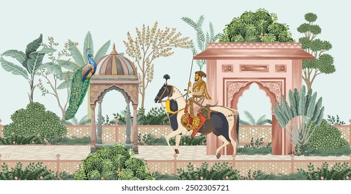 Traditional Mughal emperor riding a horse in a garden with peacock and tree illustration