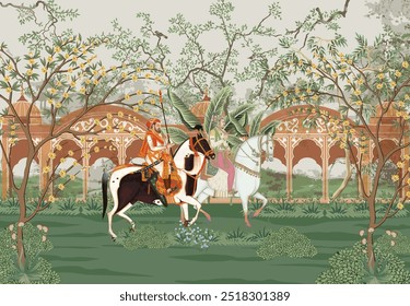 Tradicional imperador mogol montando um cavalo em um jardim com pavão e ilustração de árvore. Pintura em miniatura indiana, pintada numa parede. 