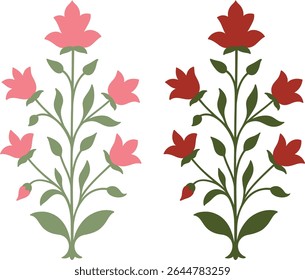 Traditional Mughal Floral Motif with Red Blossoms and Green Leaves. Elegant Botanical Element in Mughal Folk Motif.