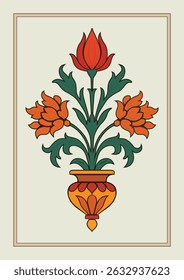 Motivo floral mogol tradicional em vaso, ilustração vetorial no fundo do pastel