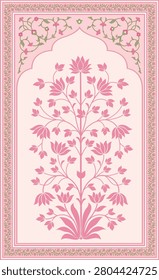 Traditional Mughal floral wall panel with pink flower motif and botanical border for textile design.