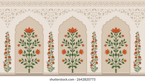 Traditional Mughal flower motif. Traditional wall decorative flower painting. Mughal wall paintings.