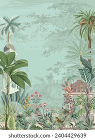 Traditional Mughal forest garden vector illustration pattern, Jangle wallpaper with tropical plant, watercolor plant.