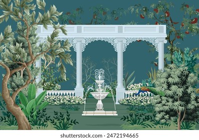 Traditional Mughal fountain in garden, arch landscape wallpaper. Mughal wedding invitation wallpaper design.