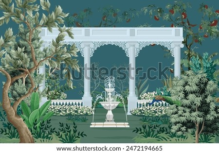 Traditional Mughal fountain in garden, arch landscape wallpaper. Mughal wedding invitation wallpaper design.