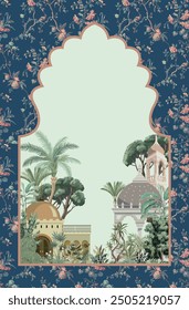 Traditional Mughal Frame, wallpaper, Mughal Wall Design, Dome, Flower, Peacock.