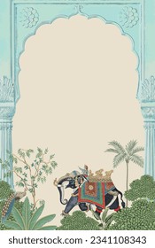 Traditional Mughal Garden with arch, elephant, peacock vector pattern illustration for invitation