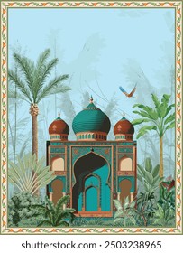 Traditional mughal garden arch forest wallpaper. Mughal palace with tree plants mughal illustrations.