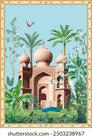 Traditional mughal garden arch forest wallpaper. Mughal palace with tree plants mughal illustrations.