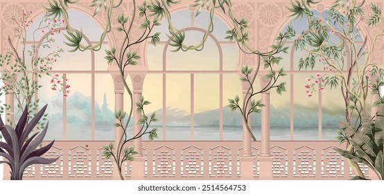 Traditional Mughal garden Arch illustration for wallpaper, Mughal ancient landscape wallpaper. Mughal forest jungle illustration.
