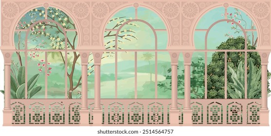 Ilustración tradicional del arco del jardín de Mughal para el Fondo de pantalla, Fondo de pantalla antiguo del paisaje de Mughal. Ilustración de la selva del bosque mogol.
