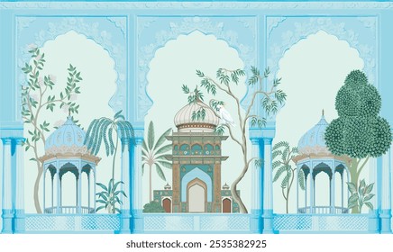 Traditional Mughal garden arch illustration for wallpaper. Vintage Chinoiserie wallpaper illustration.