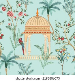 Traditional Mughal garden. arch, parrot seamless pattern vector for wallpaper background